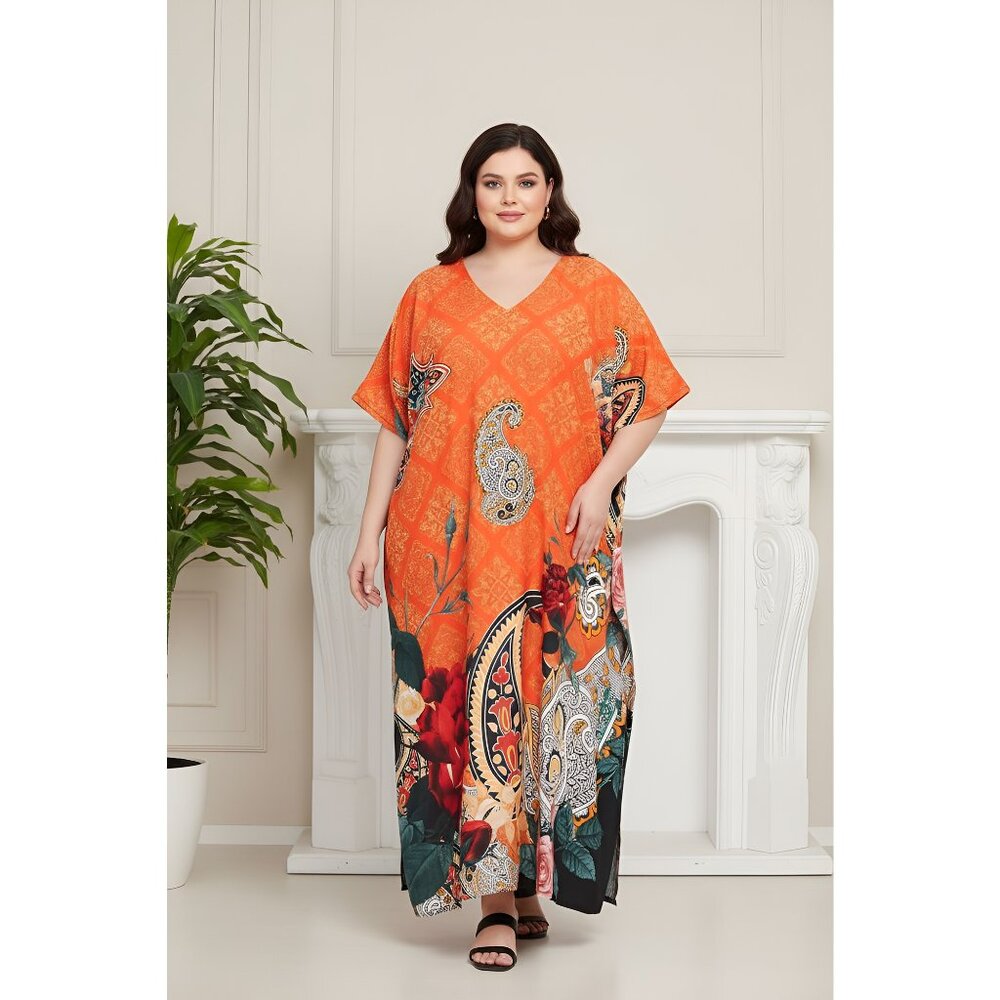Gypsie Blu Women Plus Size Floral Printed Orange Kaftan Dress Summer Beach Maxi